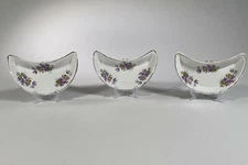 VINTAGE COLONIAL BONE DISHES CRESENT SHAPE PURPLE PANSIES GOLD TRIM SET OF 3
