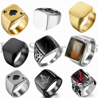 Mens Punk Silver Gold Plated Stainless Steel Square Signet Ring