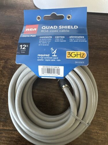 New RCA DH12QCE Quad Shield RG6 12 Feet 3.6 Meter Coax Cable 3GHz HDTV Free