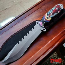 13" Bowie Hunting Knife Full-Tang Fixed Silver Blade Print Handle Knife W Sheath
