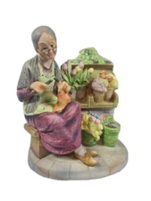 Vintage Japan Lefton #2431 Woman Knitting Beside Flower Cart  