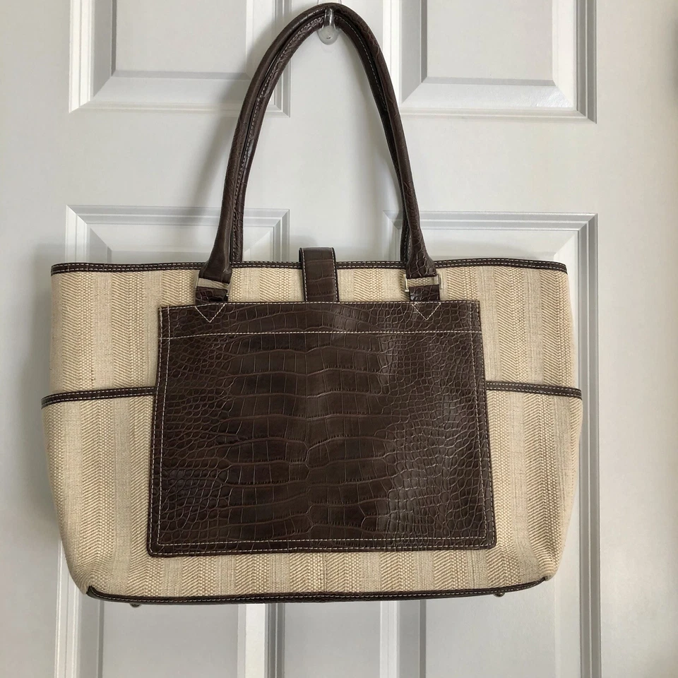 CROFT AND BARROW TOTE BAG LAPTOP BROWN/TAN SHOULDER CROCODILE & CAVANAS - Image 3 of 4
