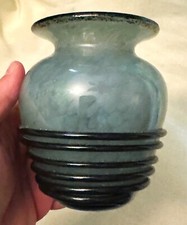 Art Glass Hand Blown Threaded Coil Wrap Frosted Rim Gray Slate Blue Vase 4.25 In