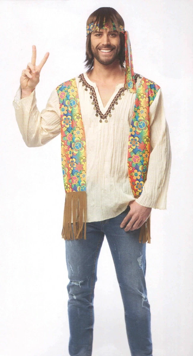 60S 70S ADULT MENS MALE PEACE RETRO GROOVY HIPPIE DUDE COSTUME SHIRT VEST  FRINGE