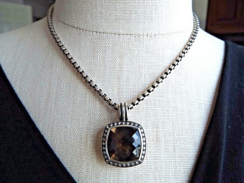 David Yurman Sterling Silver 17MM Smoky Quartz & Diamonds Pendant - Picture 8 of 10