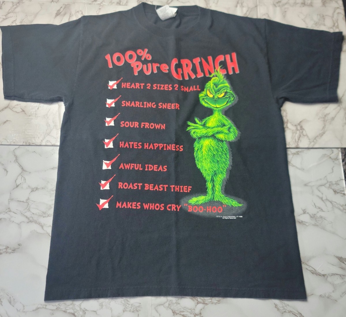 Vintage 1997 GRINCH Shirt Dr. Seuss Wear Black Short Sleeve 100