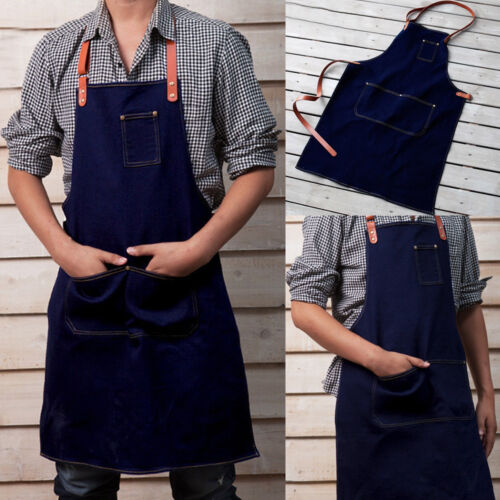 Denim Bib Apron Leather Strap Barista Baker Bartender BBQ Chef Work Uniform Cook - Picture 1 of 12