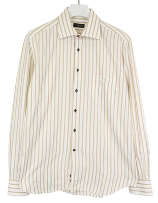 CORNELIANI Hemd Herren 17 / 43 Beige Und Weiß Gestreift Spread Reine Baumwolle