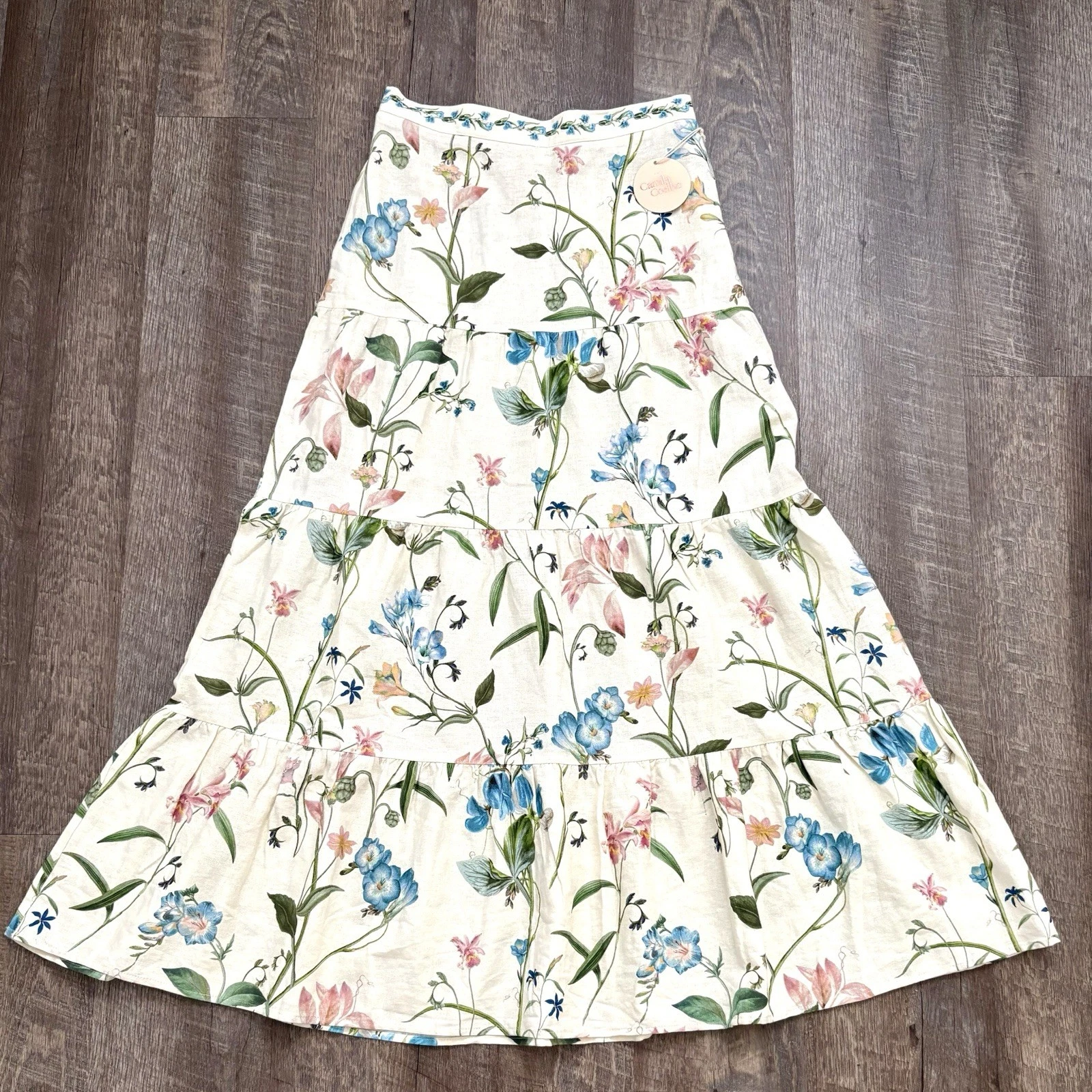 Camila Coelho SZ XS Multicolor Floral Print Linen blend Tiered Maxi Skirt-NWT
