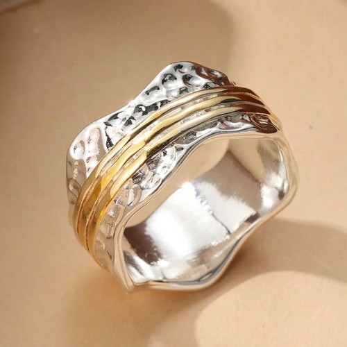 Breiter gehämmerter zweifarbiger Bandring gewellt Gelb Weißgold Spinner Look Stil Gr: 8 - Bild 2 von 5
