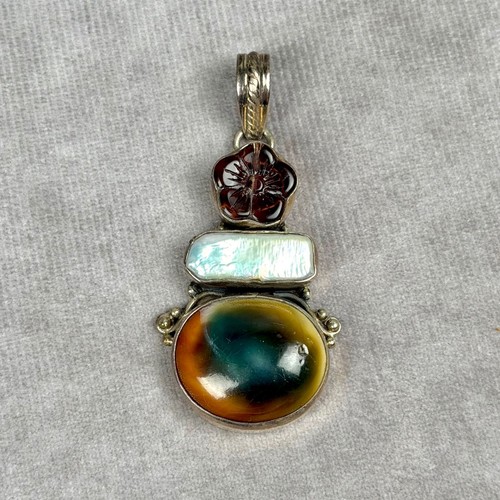 Unique Fairycore BOHO Shiva Eye Shell Pearl Carved Garnet Flower Gypsy Pendant