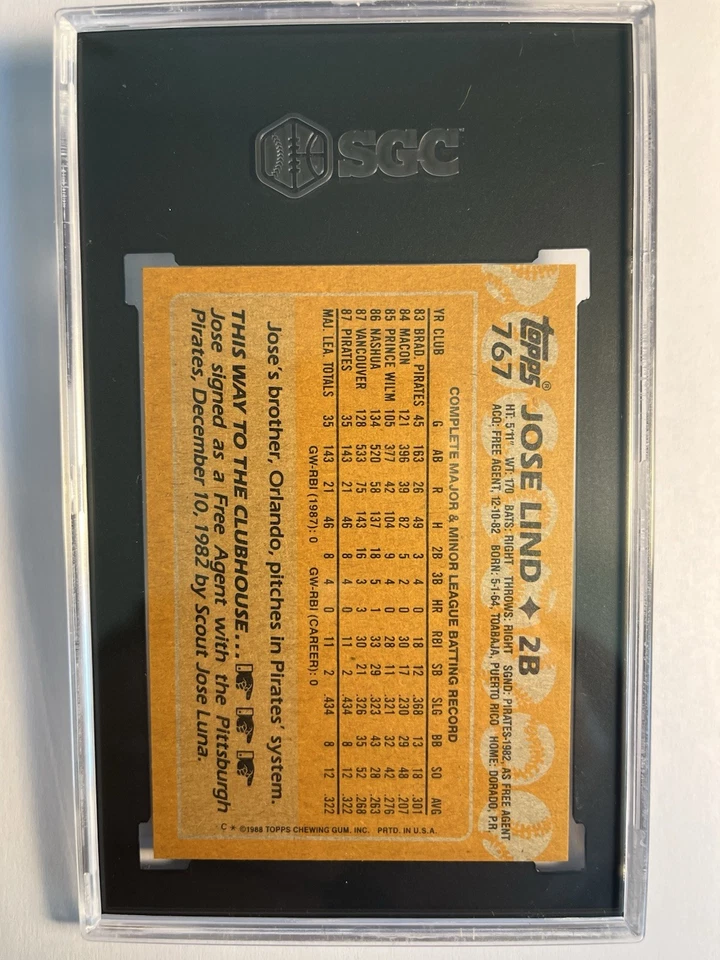1988 Topps #767 Jose Lind⭐️SGC 10 GEM💥WOW!!️RC Foto 2 de 2