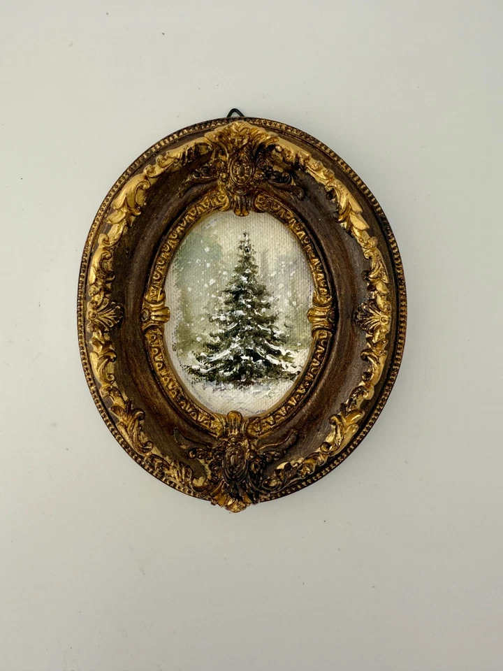 Pintura al óleo miniatura árbol de Navidad, pintura con marco rústico vintage regalo Foto 2 de 4