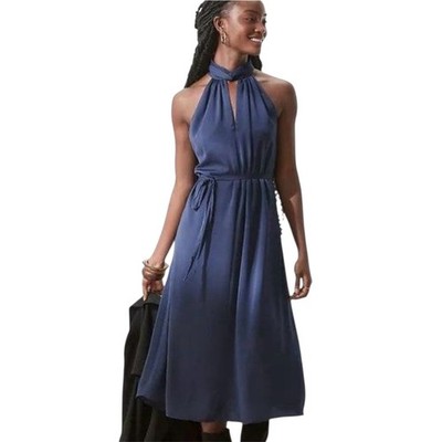 Banana Republic XXL Twist Neck Satin Midi Dress Caspian Sea Blue  Party NEW