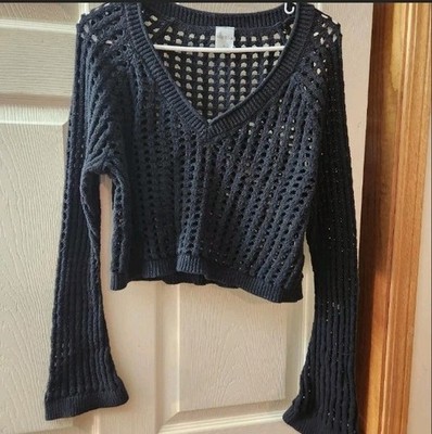 Wild Fable Black Open-Knit Pullover Sweater Women's Long Sleeve Size XL