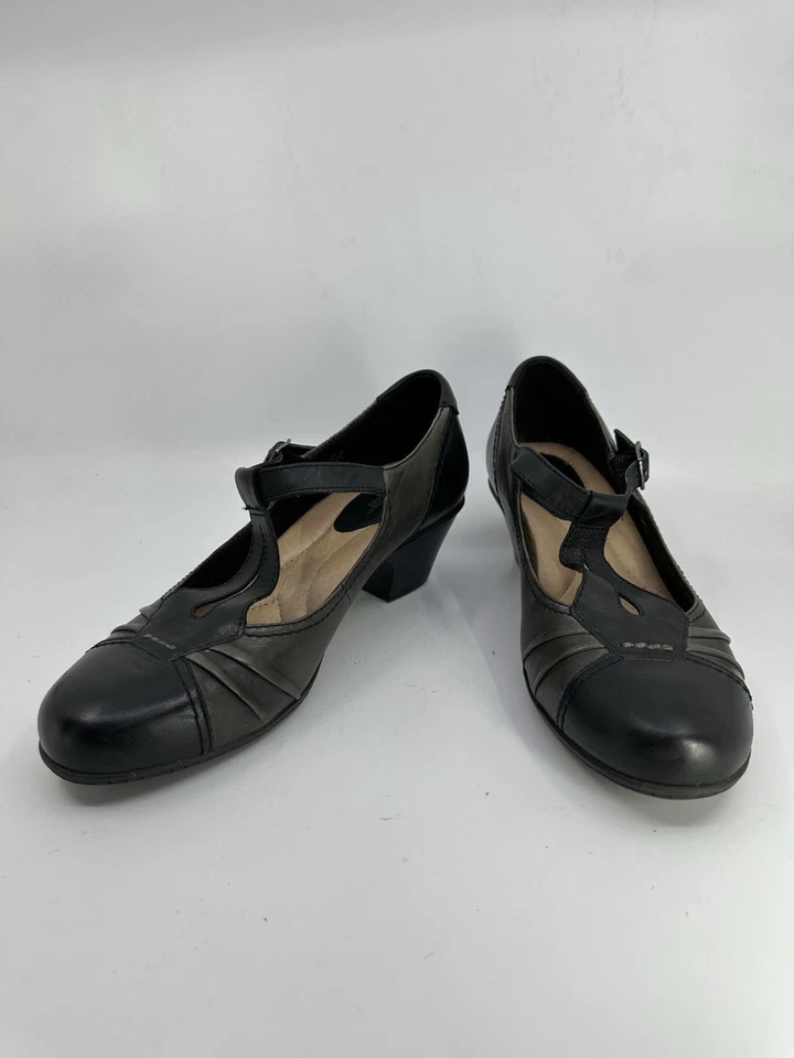 Zapatos Earth Mujer Gris Negro Cuero Correa en T Tacón Liw Talla 9B Usados Foto 2 de 4