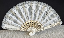 1950 Wedding Fan Lace Hand Painted Small Gold Sequins White Lace Celluloid 6"