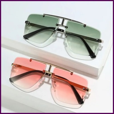 Oversized Double Bridge Frameless Sunglasses Vintage Square Frame Men's
