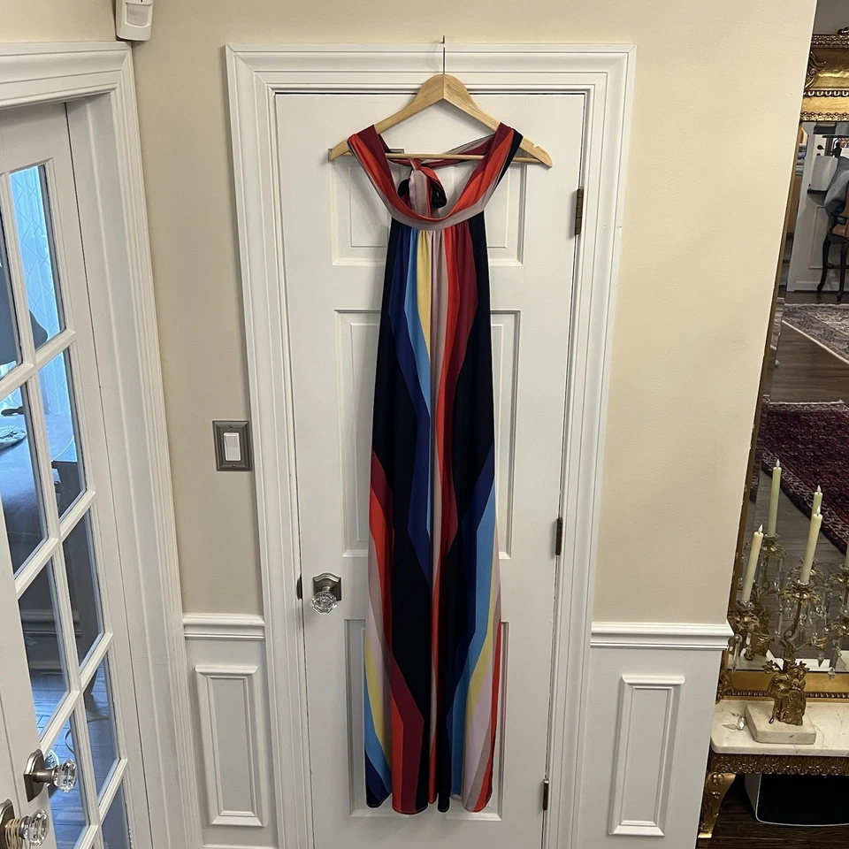 Judith March Rainbow Stripe Maxi Halter Dress Large Backless Resortwear Flowy - Image 2 of 4