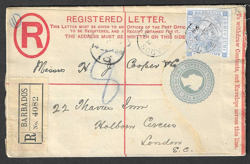 Barbados 1898 registered letter cover to London