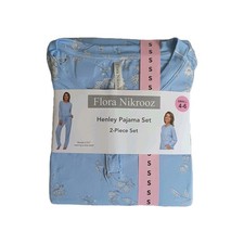 Flora Nikrooz 2 Piece Long Sleeve Henley Pajama Set - Blue Floral Size Small 4-6