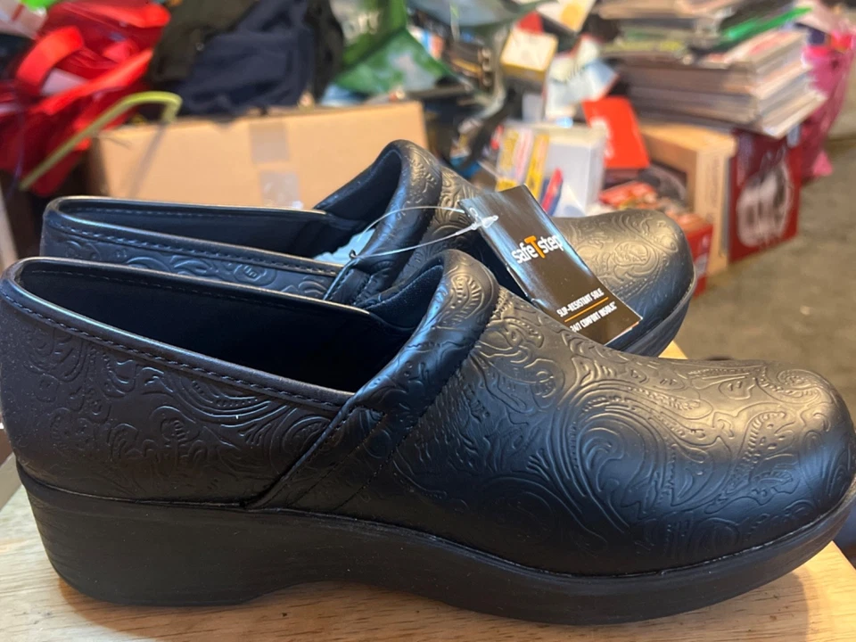 NUEVO SIN ETIQUETAS Zuecos Safe T Step Comfort negros Gretchen con estampado floral para mujer 11 antideslizantes Foto 3 de 4