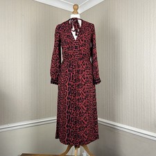 Zara Red & Black Leopard Print Tie Neck Midi Dress Size XS Long Sleeve Retro