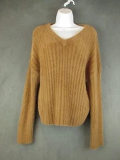 Babaton Sweater Womens Small Brown Fuzzy Soft V Neck Pullover Fluffy Cozy Knit