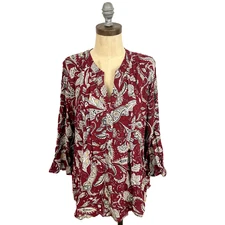 FUN2FUN Stitch Fix Kearney Henley Top L Burgundy Red Paisley Blouse NEW  A4