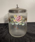 ANCIEN SEAU A BISCUIT EN VERRE DECOR ÉMAILLÉ FLORAL De ROSES VERRE GIVRÉ