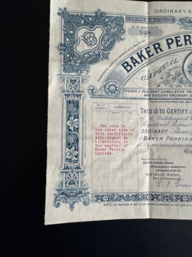 Vintage Baker Perkins Limited Company Share Certificate - Picture 3 of 13