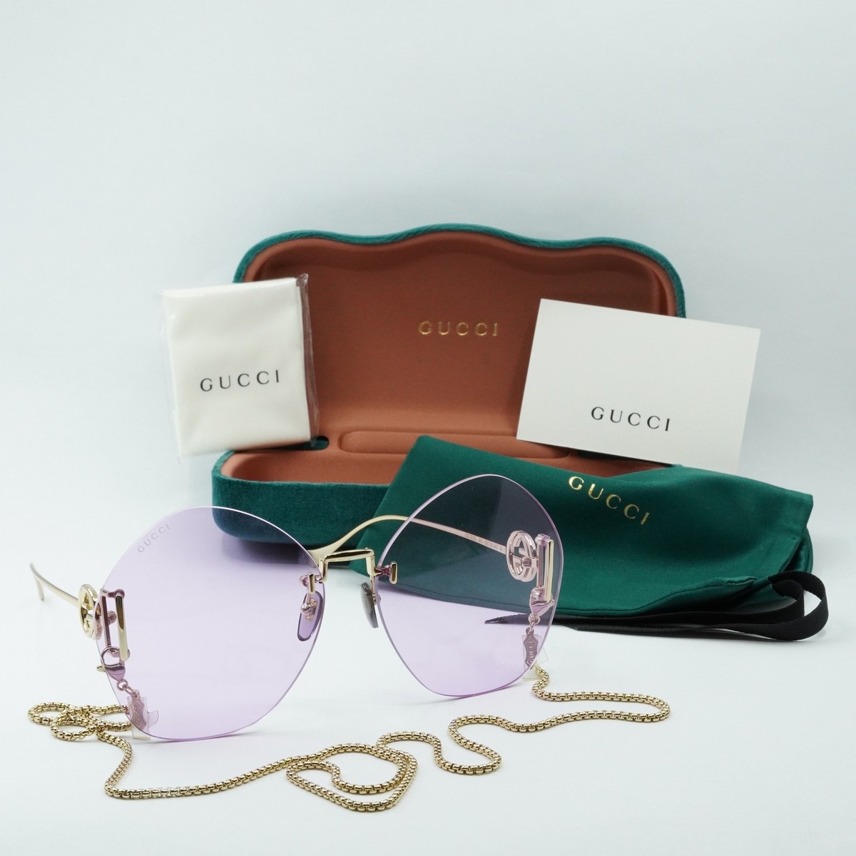 Gucci Women Sunglasses Gold Chain Violet Round GG1203S 001 NEW AUTHENTIC GUCCI 1203 Violet Gold Metal Chain 001 Oversized Sunglasses  main image 4