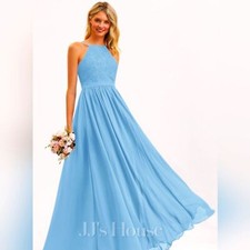 JJ's House Ocean Blue A-line Square Floor-Length Lace Chiffon Bridesmaid Dress 