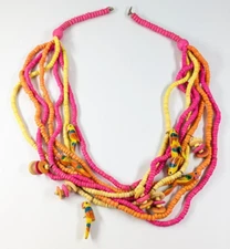 Tropical Pink Yellow Orange Wood Beaded Multi Strand Parrot Bird Necklace 26"
