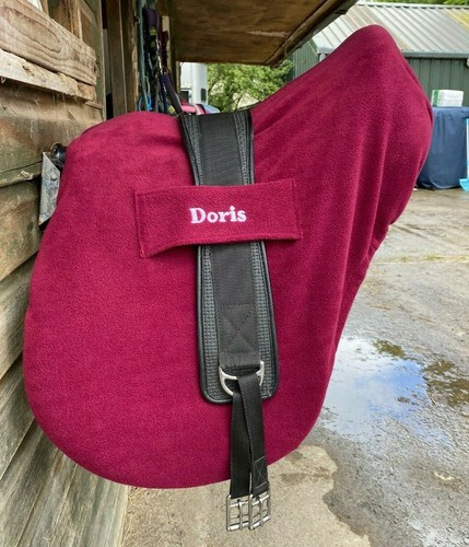 BURGUNDY Personalised Embroidered SADDLE COVER + GIRTH Loops GP or DRESSAGE