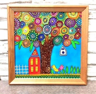 Hand painted stained glass fairy tree art Naive art Bird painting Nursery decor
