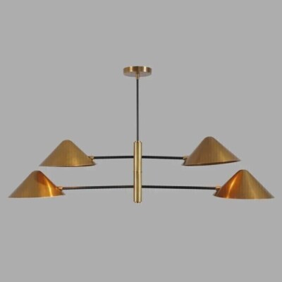 Stilnovo Style 4 Cone Shade Sputnik Raw Brass Chandelier Light Fixture