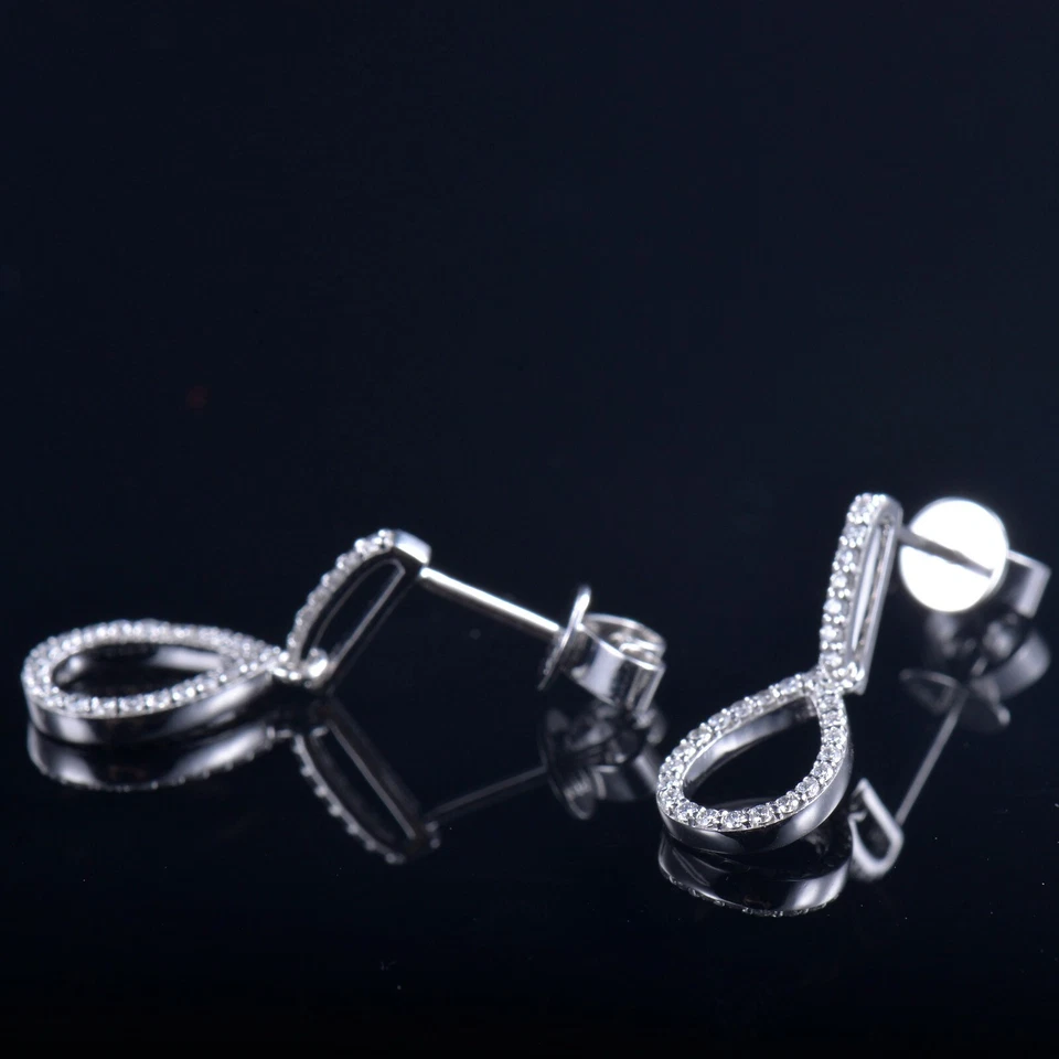 Pendientes colgantes lágrima diamantes naturales pavé oro blanco sólido 14K 0,3 quilates L20 mm Foto 3 de 4