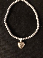 Handcrafted White Pearl Glass Bead Bracelet with Silver Heart Pendant