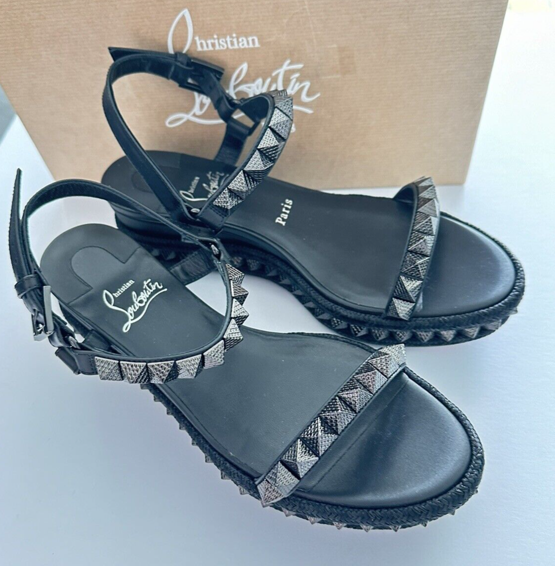 CHRISTIAN LOUBOUTIN☆関税込☆Pyraclou 60 スタッズ サンダル Pyraclou - 60 mm Espadrilles - Waxed calf leather - Terra