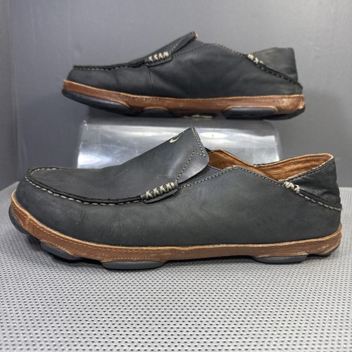 Olukai Moloa Men's Size 10 Black Toffee Leather Slip On Comfort Loafer Shoes