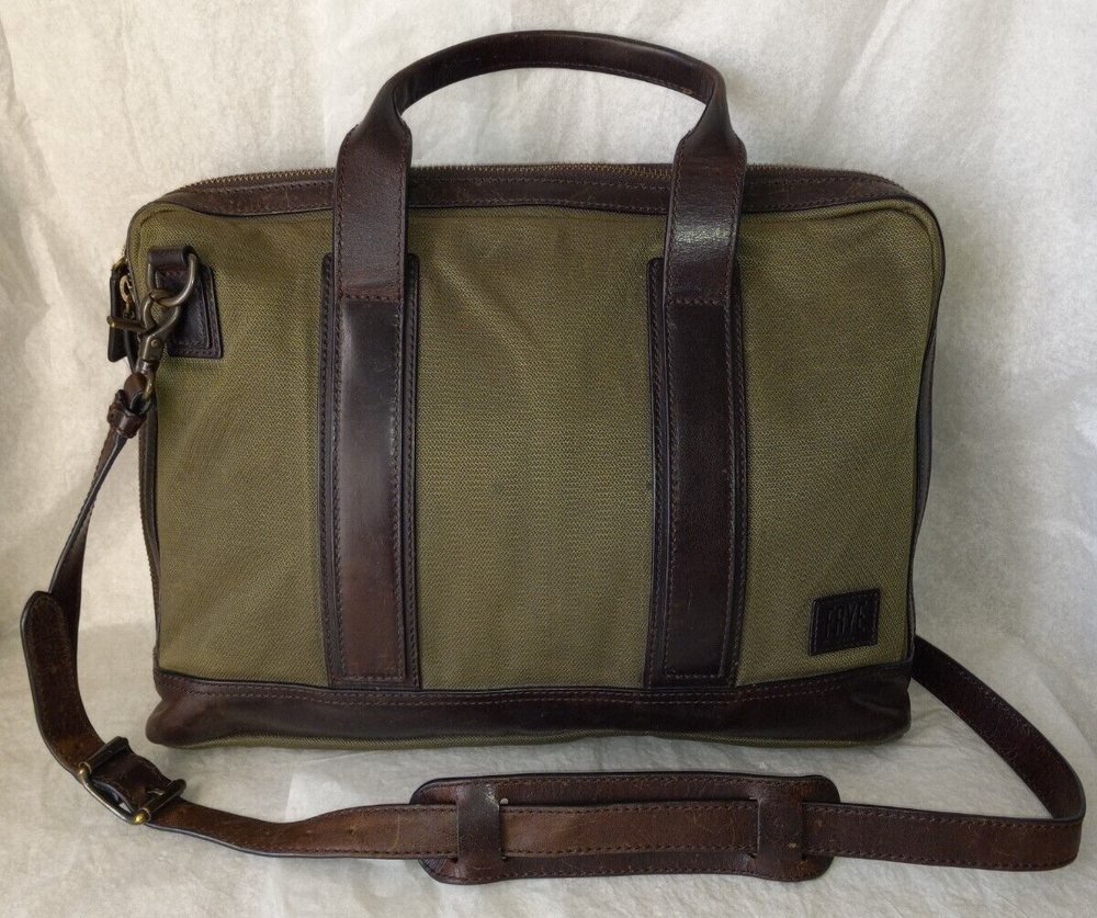 $298 FRYE OLIVE CANVAS & BROWN LEATHER CROSSBODY MESSENGER LAPTOP BAG