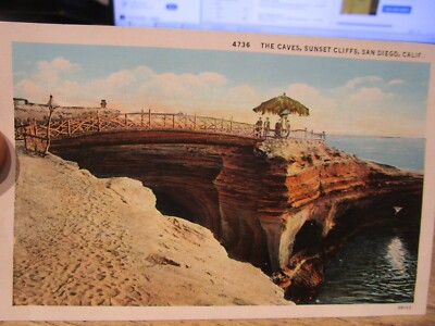 D3 CALIFORNIA Old Postcard Sunset Cliffs San Diego Caves Bridge Pacific Ocean