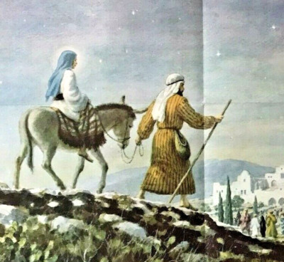 Vintage Schule religiös Poster Annäherung Bethlehem Maria Josef Esel Bibel 1968
