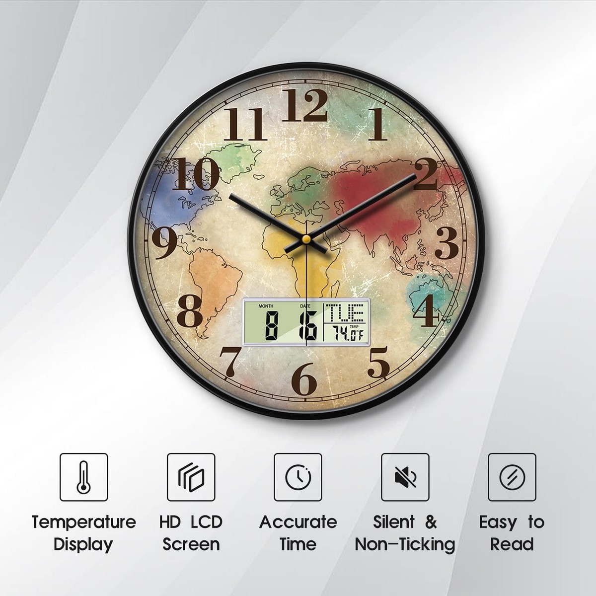 Modern Round Retro Digital and Analog Wall Clock Silent Calendar