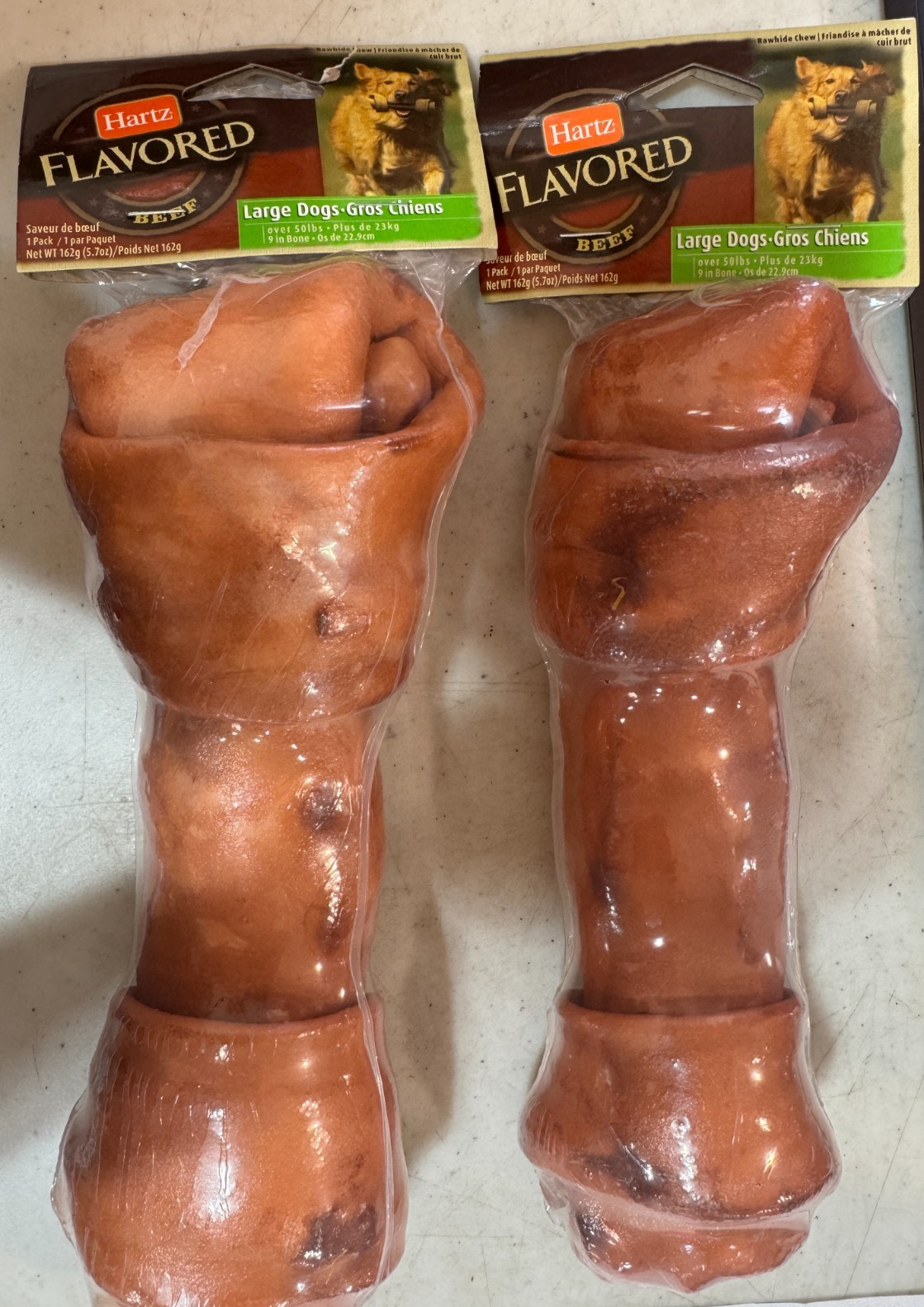 2 Hartz Dog Bone BEEF FLAVORED Natural Rawhide Large Dogs 9 Inch NEW SEALED