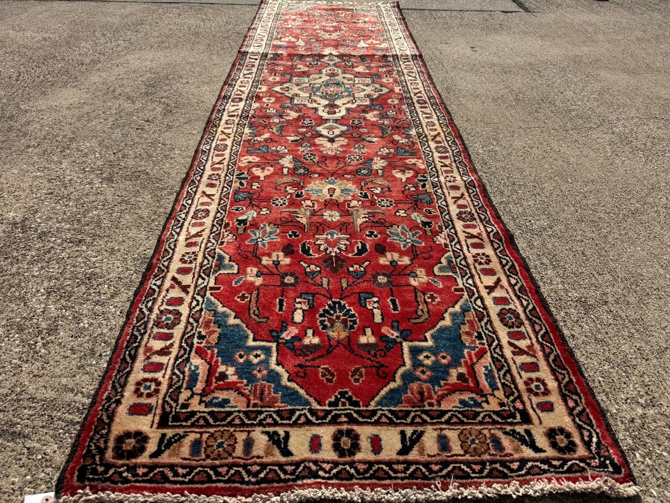 3x10 RED VINTAGE RUNNER RUG HAND-KNOTTED ANTIQUE ORIENTAL handmade blue 2x10 ft - Image 3 of 4