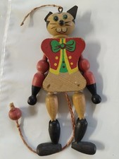 Gatto In Legno Snodato Pull Cord Toy Cat Austria Bow Wooden 17 Cm Dipinto A Mano