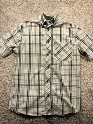 c.e schmidt button up shirt adult small plaid green short sleeve collared mens *