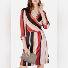 Bar III Surplice Neck 3/4 Sleeve Striped Wrap Dress Multicolored Size Large